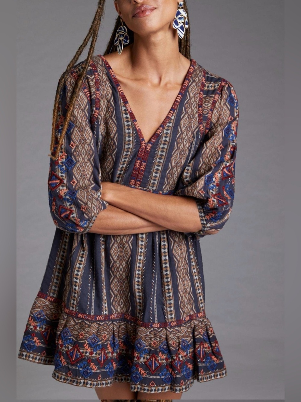Anthropologie Navy Multi-Print V-Neck Embroidered Tunic Dress - Picture 2 of 9